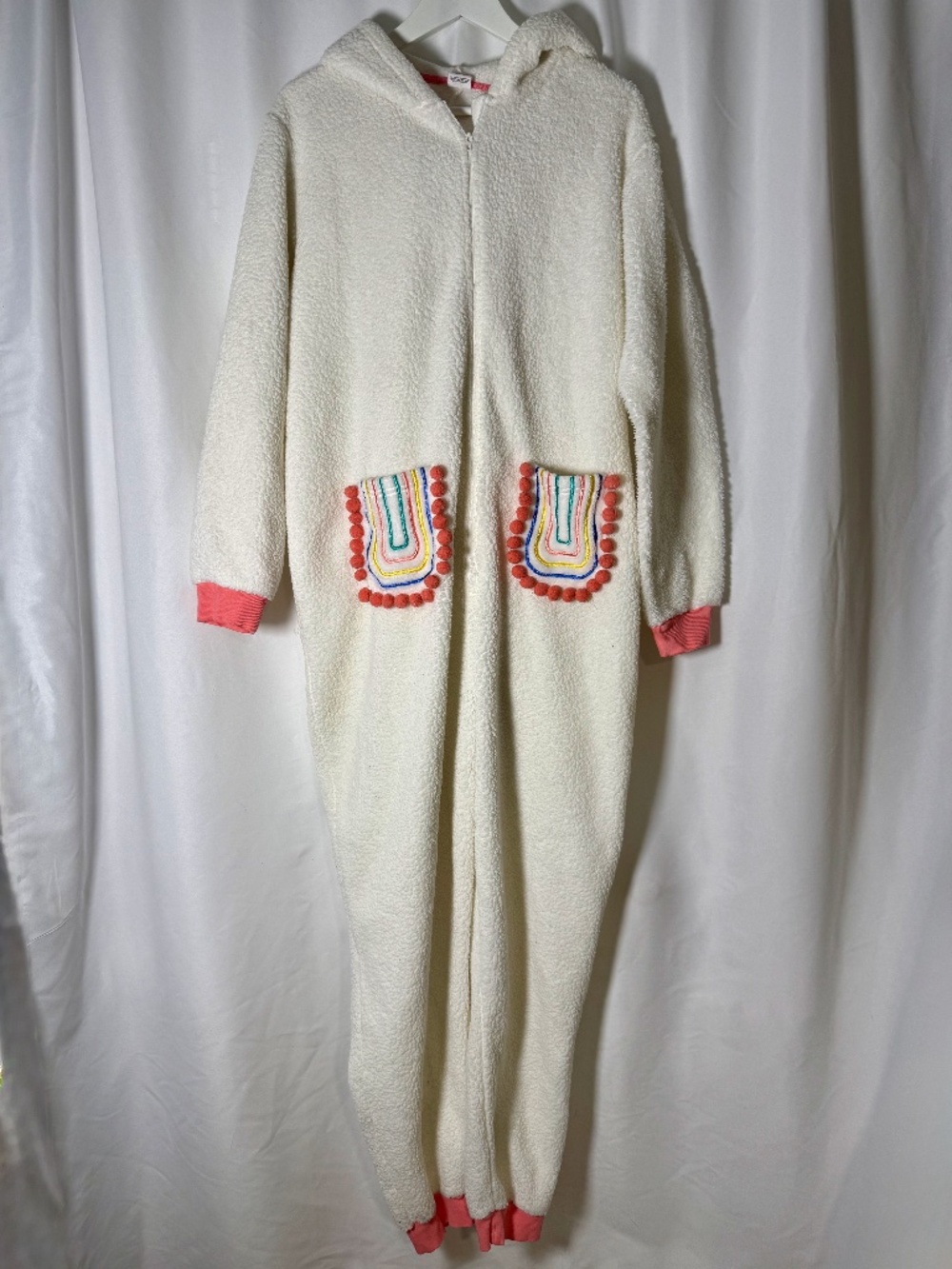 Adult llama/alpaca hooded one-piece costume/pajama onesie, size XL (16–18)